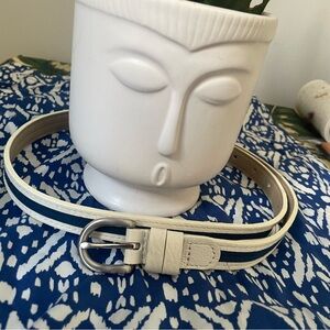 Talbots Blue & White Striped Leather Belt with Brushed Silver Buckle